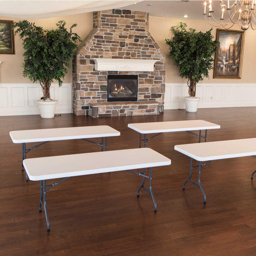 Lifetime 4 Pack 6-Foot Rectangle Folding Tables arranged indoors for banquet or event setup with sturdy steel legs