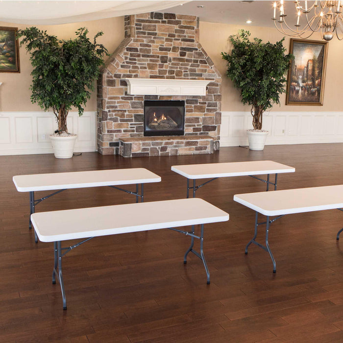 Lifetime 4 Pack 6-Foot Rectangle Folding Tables arranged indoors for banquet or event setup with sturdy steel legs