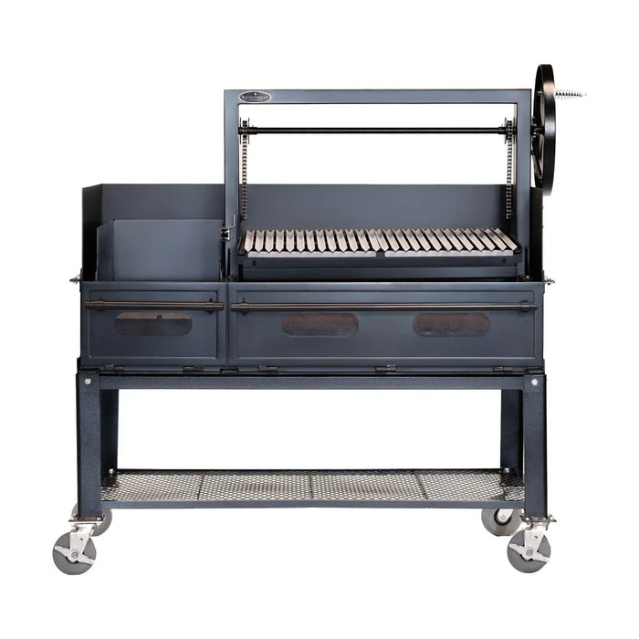 Side angle view of the Sunterra 60 inch Argentine Brasero grill cart, showcasing its Pro Series design and sturdy build.