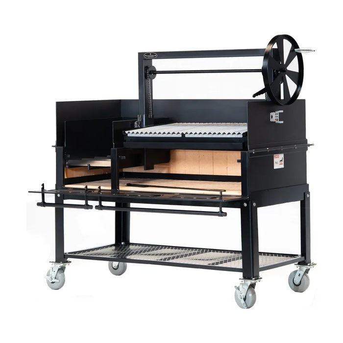 Side view of the 60-inch Sunterra Pro Series Argentine brasero grill cart, showing its sturdy wheeled frame design.