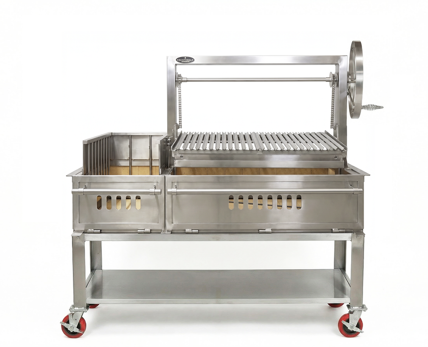 Detail view of the 60 inch stainless steel Sunterra Argentine side brasero cart, showing its sturdy construction.