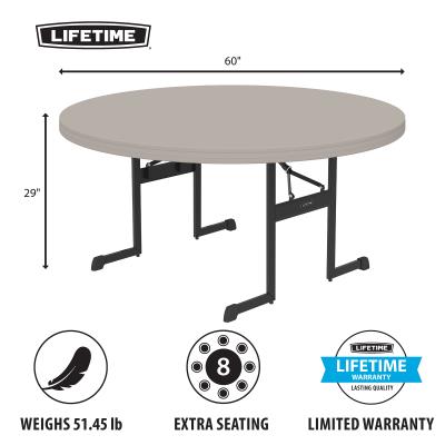 Lifetime 60 inch round folding table dimensions 60 inch diameter and 29 inch height with seating for 8 and limited warranty
