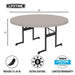 Lifetime 60 inch round folding table dimensions 60 inch diameter and 29 inch height with seating for 8 and limited warranty