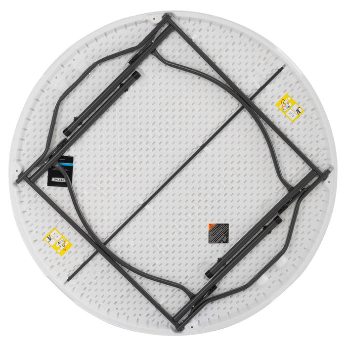 Underside view of Lifetime 4 Pack 60 Inch Round Nesting Table showing steel folding frame and single piece top