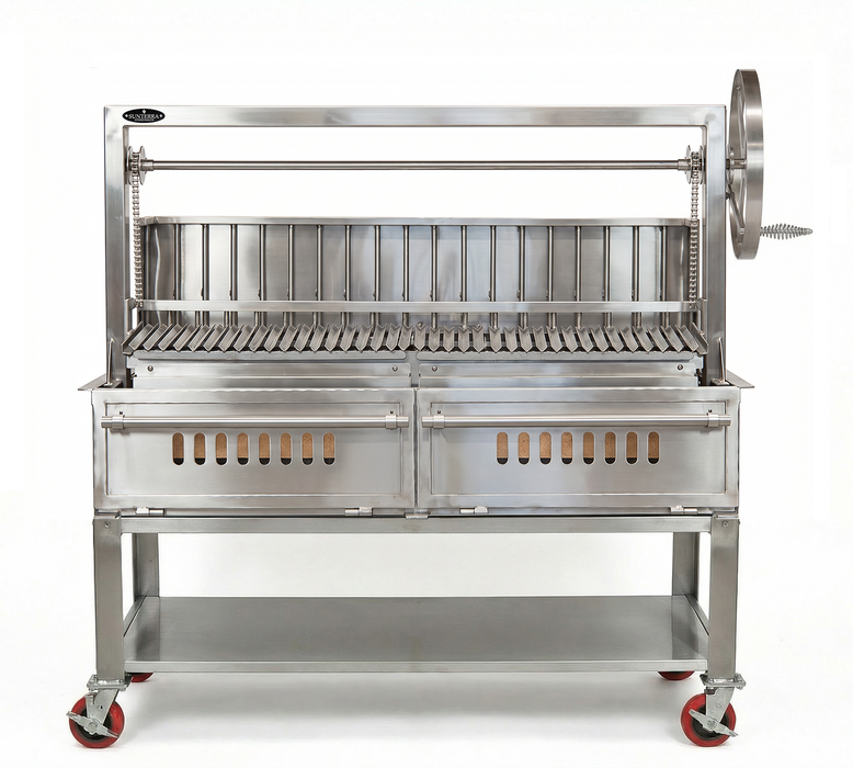 Detail view of the 60-inch single cart stainless Argentine rear brasero, showing sturdy construction and finish.
