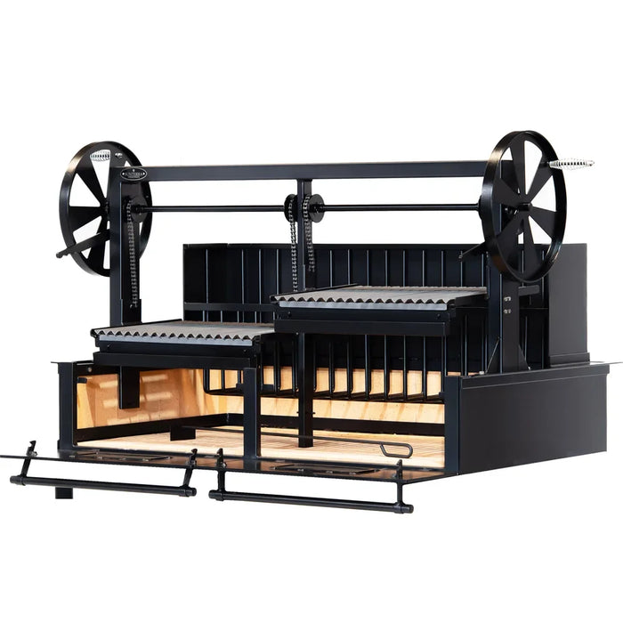 Sunterra Pro Series 60 inch built-in Argentine brasero grill with split grate, shown from a rear angle, view 2.