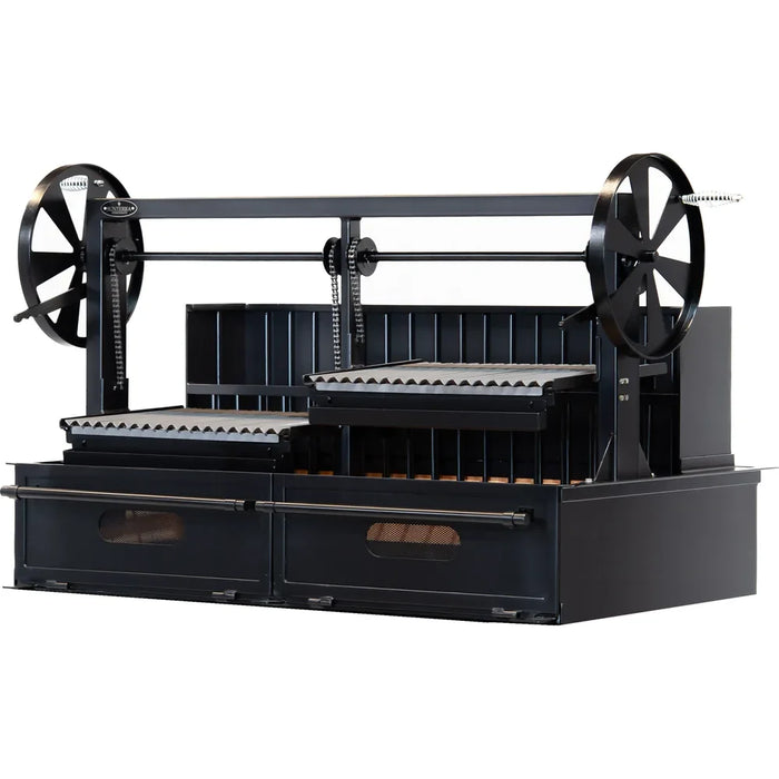 Sunterra 60 inch built-in Argentine brasero grill with split grate, Pro Series design shown from a rear angle, photo 3.