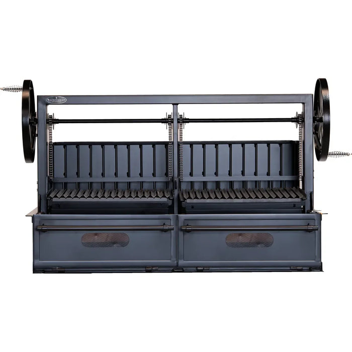 Sunterra 60 inch built-in Argentine brasero grill with split grate, shown from the rear on this Pro Series outdoor unit.