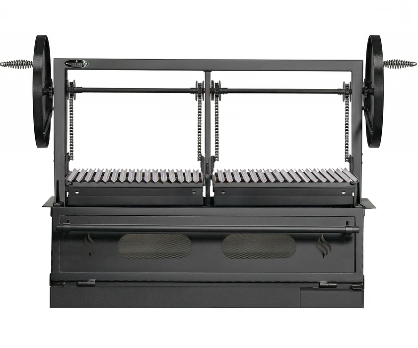 Sunterra Pro Series 60 inch built-in Santa Maria grill showing detailed split grate design for adjustable cooking.