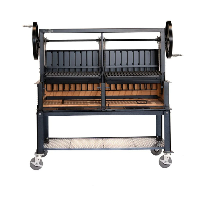 Sunterra Pro Series 60 inch Argentine brasero grill with split grate on rolling cart, shown from the rear angle.