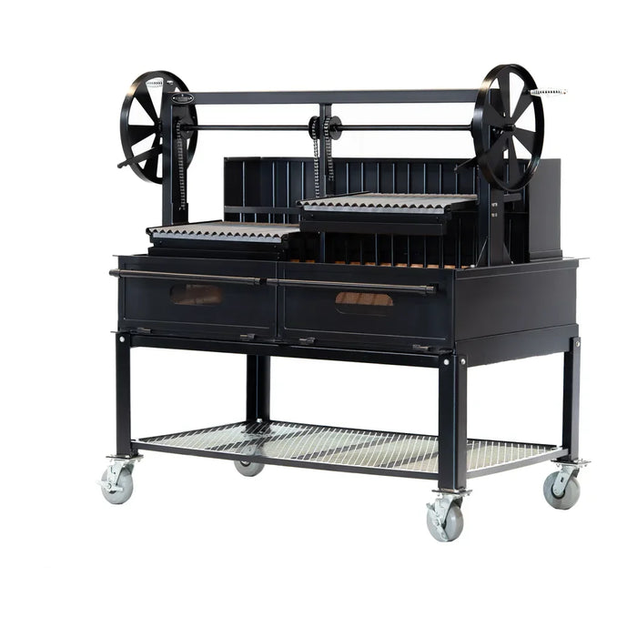 Sunterra 60 inch split grate Argentine brasero grill on a rolling cart, shown from the rear, Pro Series design.