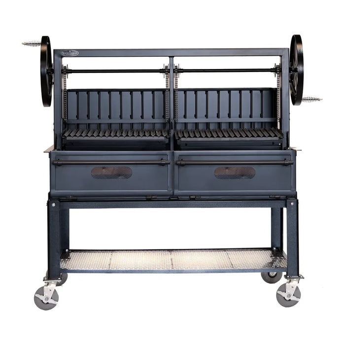 Sunterra Pro Series 60 inch Argentine brasero grill with split grate on a rolling cart, shown from the side.