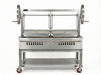 Sunterra 60 inch split Santa Maria cart stainless steel grill with an adjustable grate and open-flame cooking design.