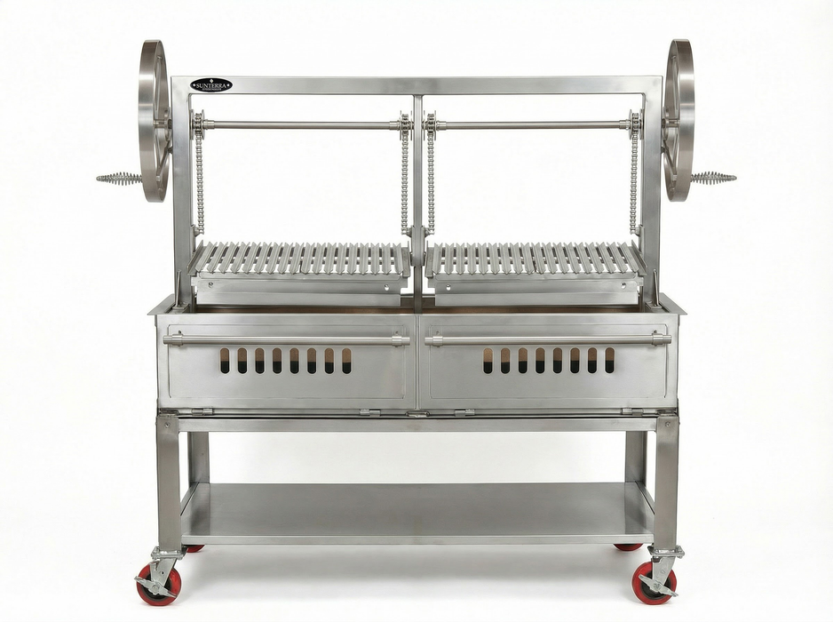 Sunterra 60 inch split Santa Maria cart stainless steel grill with an adjustable grate and open-flame cooking design.