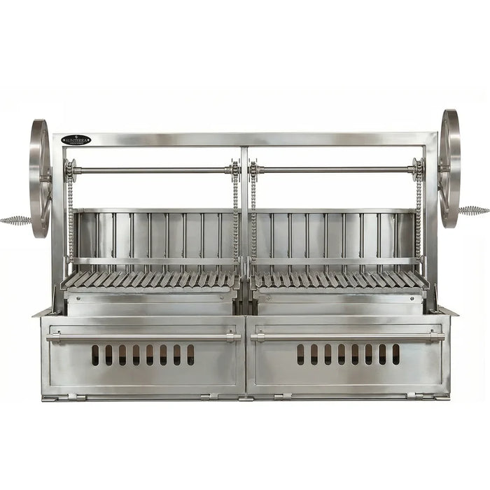 Detail view of the 60-inch split stainless steel Argentine rear brasero, highlighting its rugged construction and joinery.