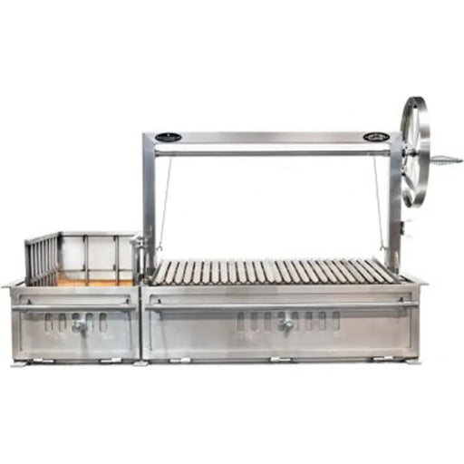 60-inch stainless steel Argentine side brasero shown at an angle, highlighting Sunterra's outdoor grill design.