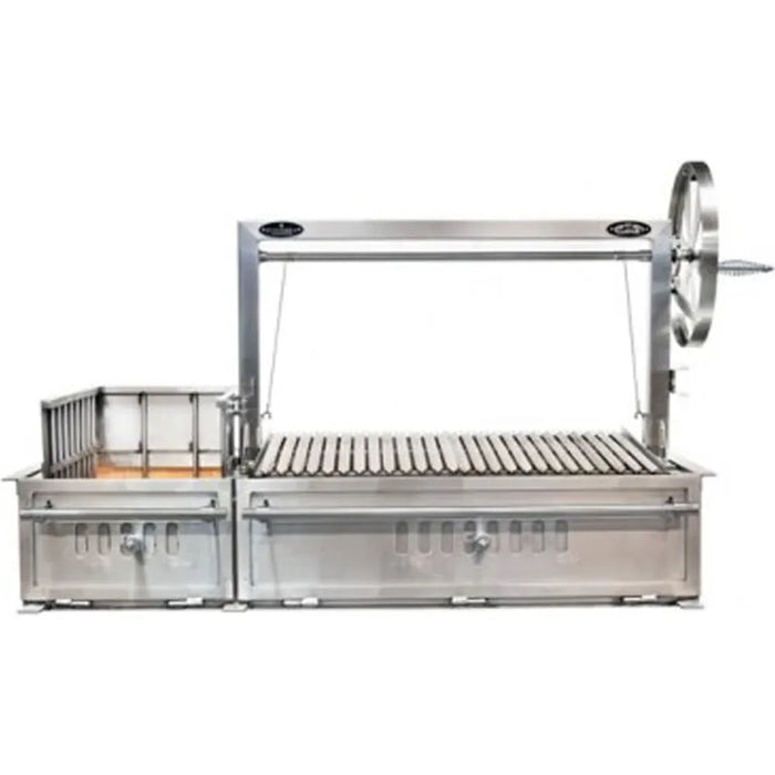 60-inch stainless steel Argentine side brasero shown at an angle, highlighting Sunterra's outdoor grill design.