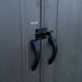 Close-up of the black door latch on the gray door of the Lifetime 8 Ft. x 15 Ft. Outdoor Storage Shed with the brand logo.