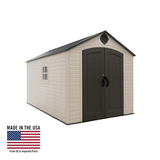 Front view of a Lifetime 8x15 ft outdoor storage shed featuring a gabled roof with an air vent and double doors with black handles.