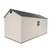 Isolated back view of the Lifetime 8 Ft. x 15 Ft. Outdoor Storage Shed with a shingled roof and side ventilation.