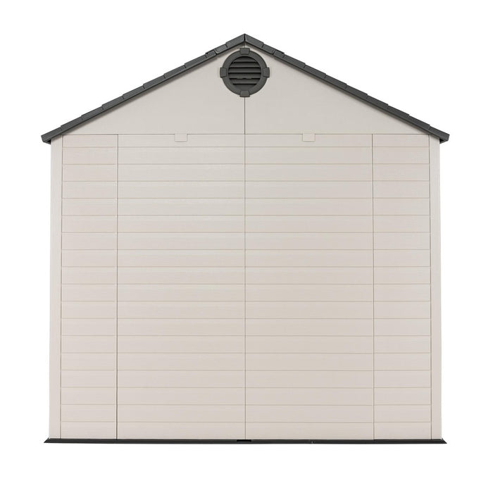 Isolated rear view of the Lifetime 8 Ft. x 15 Ft. Outdoor Storage Shed showcasing the simplicity of the back design.