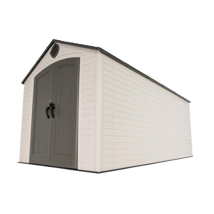 Isolated side view of the Lifetime 8 Ft. x 15 Ft. Outdoor Storage Shed with a shingled roof and side ventilation.