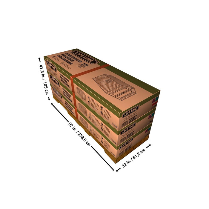 3D render of the packaging box for Lifetime 8 Ft. x 15 Ft. Outdoor Storage Shed displaying dimensions.