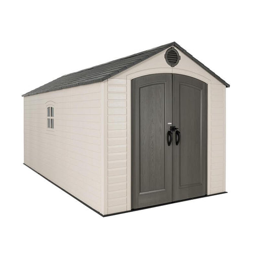 Angled view of the Lifetime 8 Ft. x 15 Ft. Outdoor Storage Shed with closed double doors and a gabled roof.
