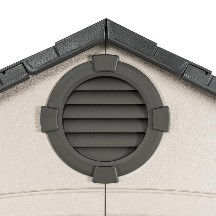 Close-up of the vent on the gable of the Lifetime 8 Ft. x 15 Ft. Outdoor Storage Shed, showing the slatted design.