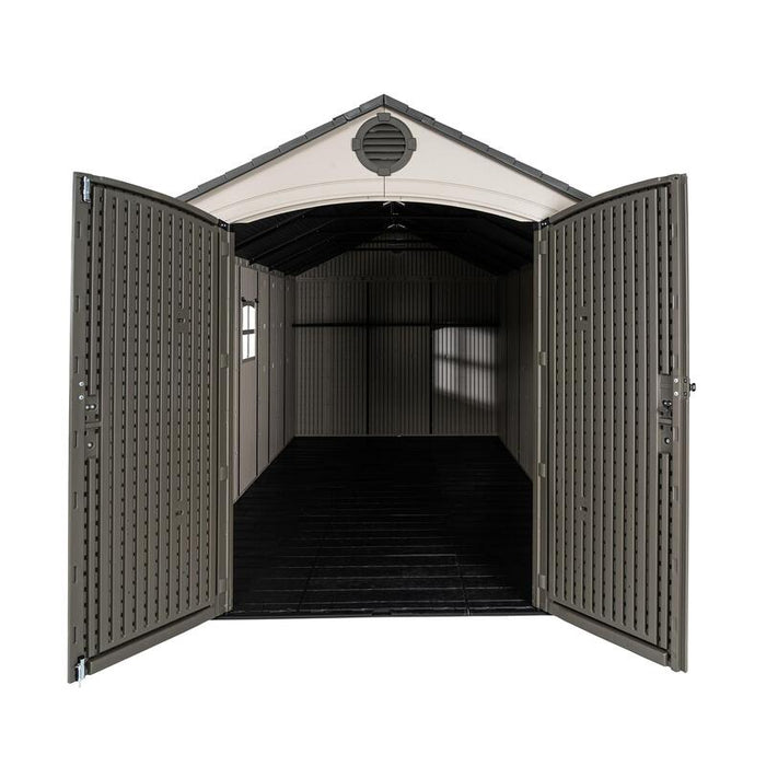Open interior view of the Lifetime 8 Ft. x 15 Ft. Outdoor Storage Shed showing the flooring and internal structure.