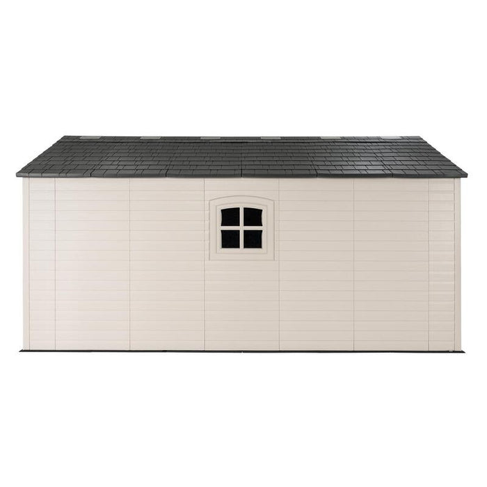 Side view of the Lifetime 8 Ft. x 15 Ft. Outdoor Storage Shed featuring a window.