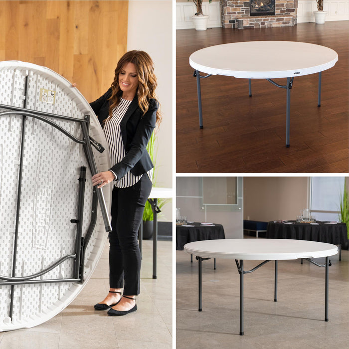 Lifetime 15 Pack 60in round table shown folding flat with single piece top and compact portable design