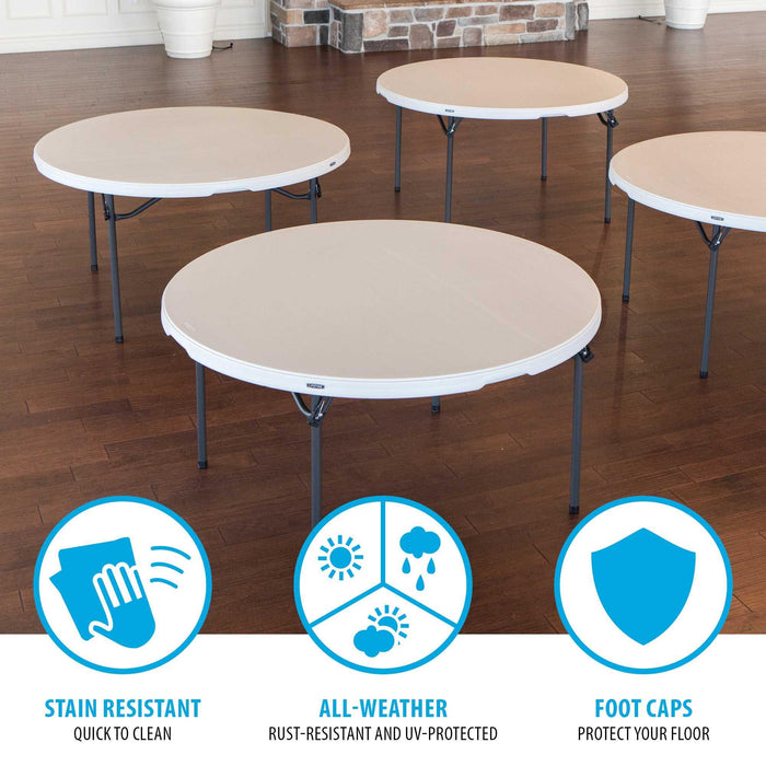 Lifetime 4 Pack 60 Inch Round Nesting Table in almond finish highlighting stain resistant surface and all weather protection