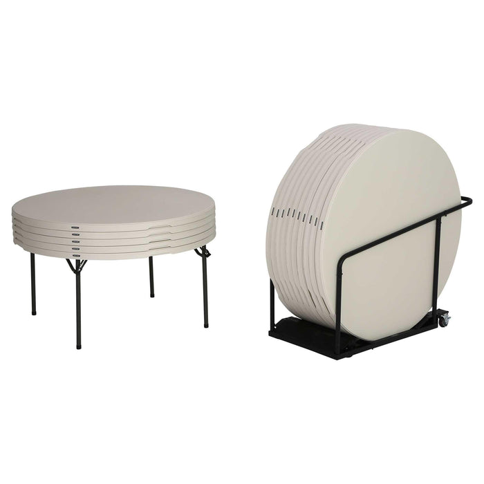 Almond Lifetime 60in round folding tables stacked vertically on heavy duty storage cart