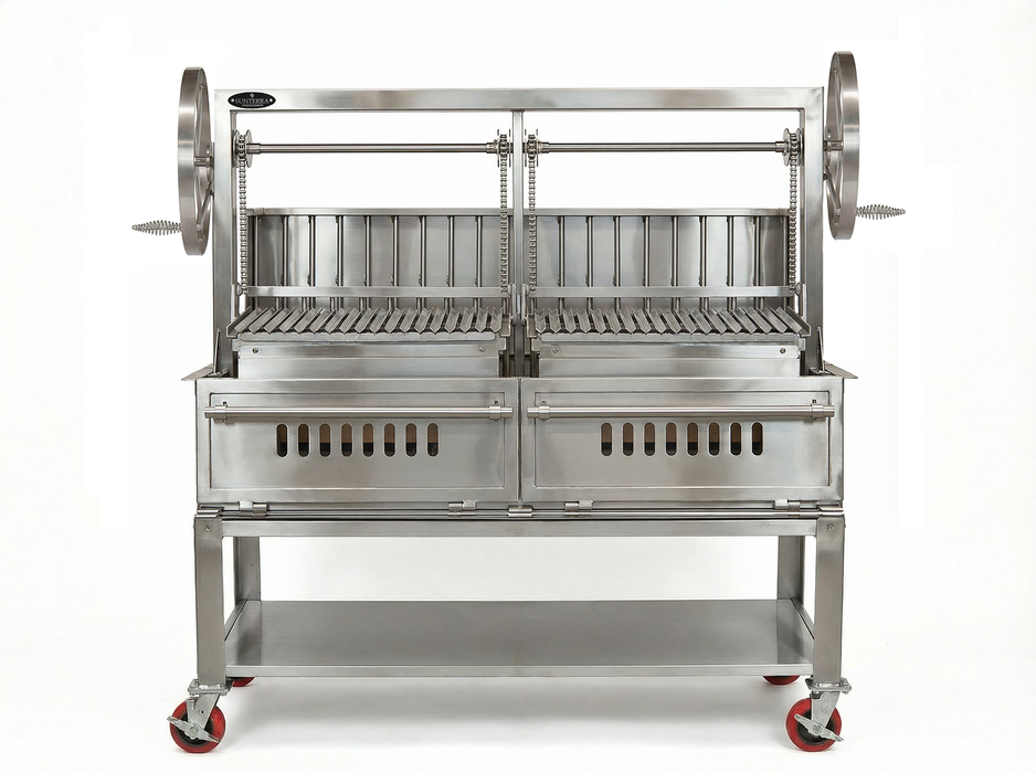 60in split cart stainless Argentine rear brasero grill by Sunterra, shown from another angle highlighting its build.