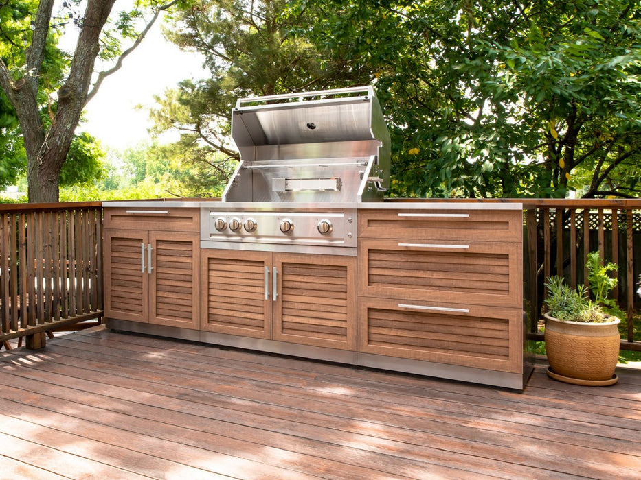 Outdoor Kitchen	Grove Style	Cabinet Set	with stainless steel grill in the backyard