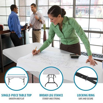 6-foot Lifetime folding table with single-piece tabletop, broad leg stance, and locking ring for stable and secure setup