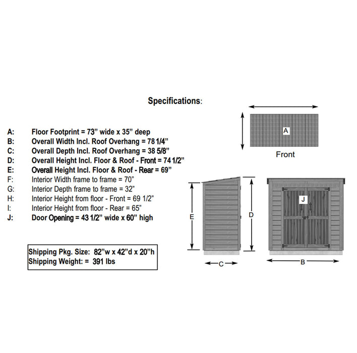 Technical specification diagram of the Outdoor Living Today Shed with measurements and dimensions annotated for each part of the shed.