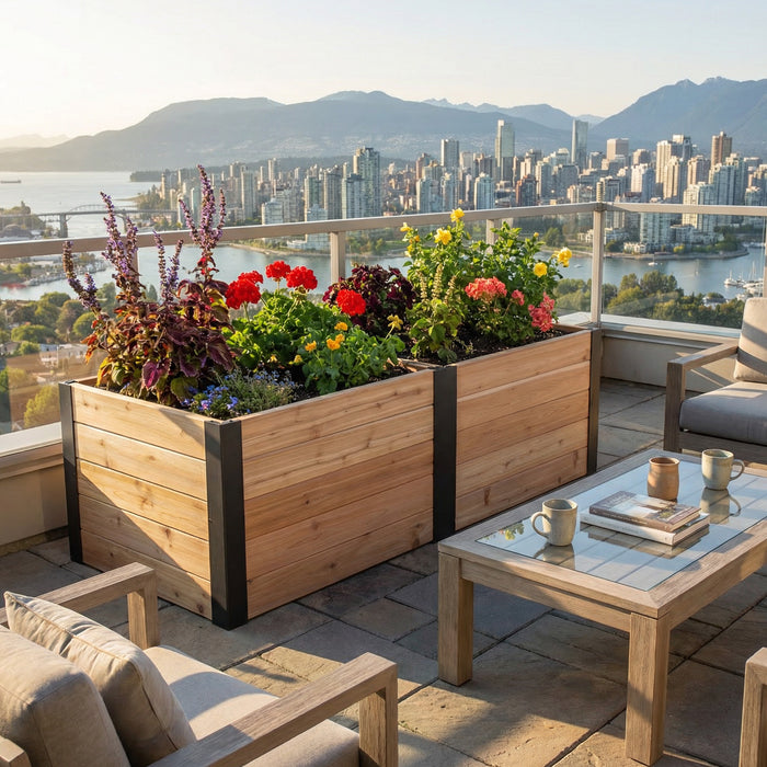 Urban Raised Garden Bed 6x3 on a terrace above the city skyline and water, cedar planter filled with geraniums, salvia and coleus