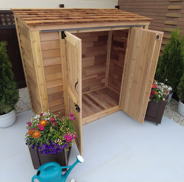 6x3 grand garden chalet with cedar roof and the doors open