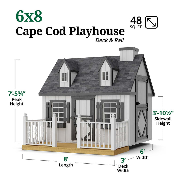 6x8 Cape Cod Playhouse by Little Cottage Co. dimension chart showing peak height, sidewall height, and deck size with gray roof, white siding, and black shutters.