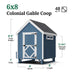 Little Cottage Co. 6x8 Colonial Gable Chicken Coop in blue, showing labeled dimensions including 8′-5″ peak height, 6′ width, 8′ length, and 1′ stilts.