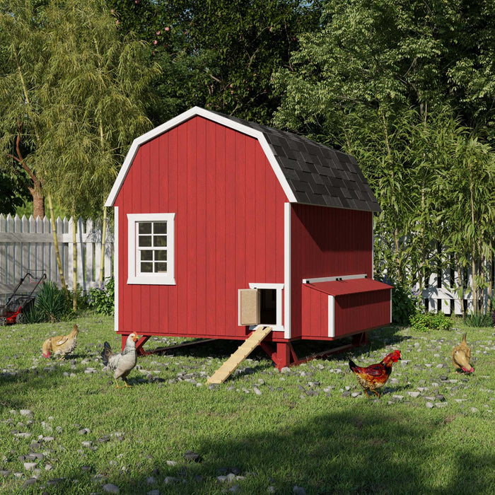 Front view of Little Cottage Co. 6x8 Gambrel Barn Chicken Coop in red with white trim and barn-style door, surrounded by chickens on the lawn.