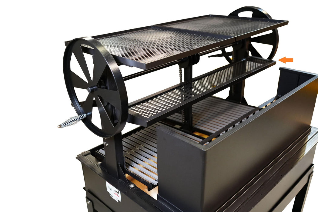 Sunterra 72 inch rear resting shelf showing perforated steel detail for drainage and airflow on an outdoor bench.
