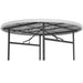 Underside view of Lifetime 72 inch round folding table showing reinforced steel frame, locking mechanism and sturdy leg support