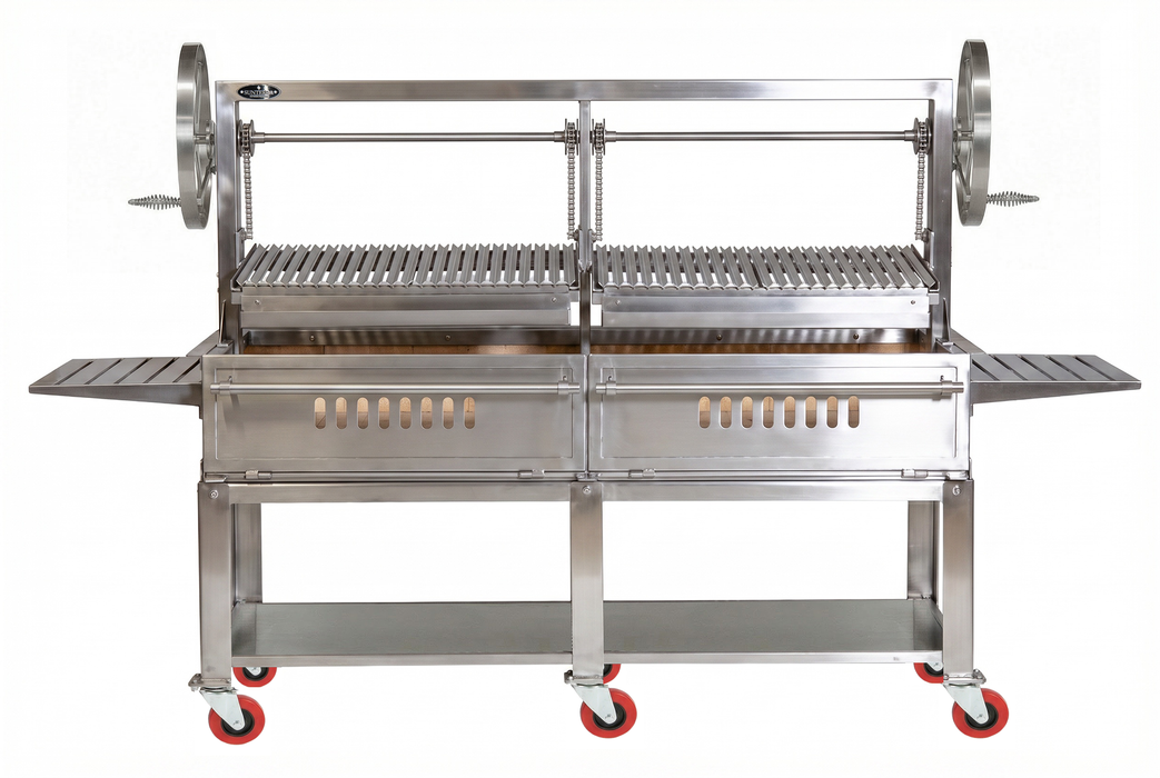 Sunterra 72 inch split Santa Maria cart grill in stainless steel, showcasing its sturdy frame and dual cooking grates.