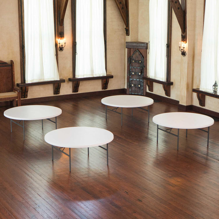 Multiple Lifetime 4 Pack 72in Round Tables arranged indoors for events and banquet setup