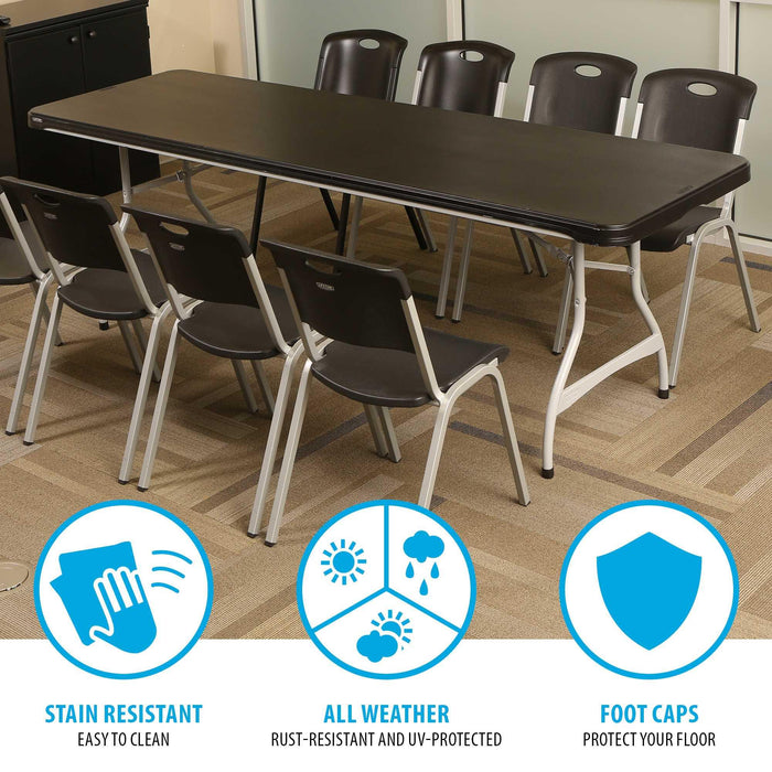 Lifetime 27 Pack 8-Foot Rectangle Nesting Table set up with chairs highlighting stain resistant surface and foot caps
