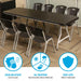 Lifetime 27 Pack 8-Foot Rectangle Nesting Table set up with chairs highlighting stain resistant surface and foot caps
