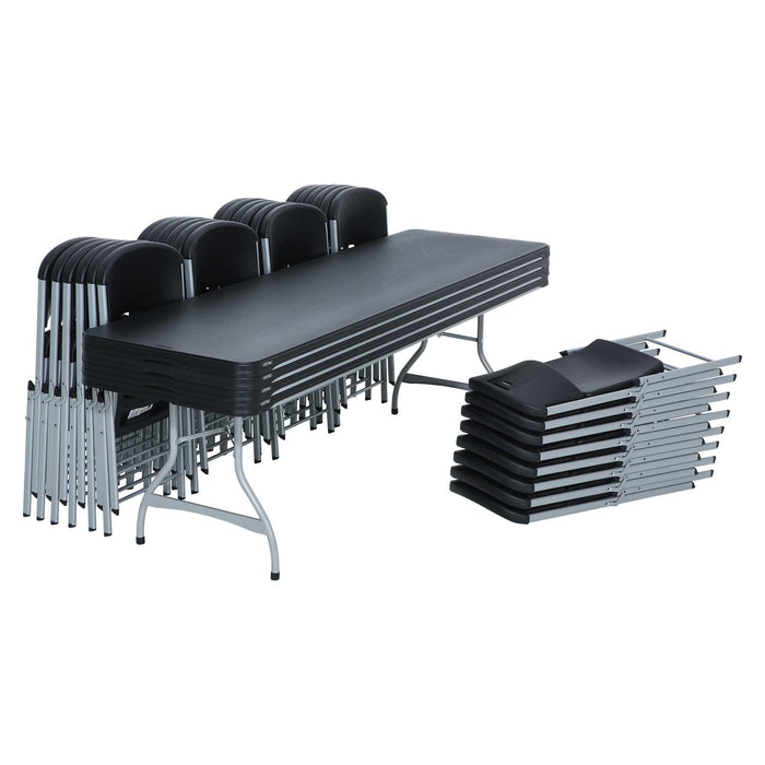 Side view of Lifetime 8-Foot table and 32 folding chairs stacked in storage position